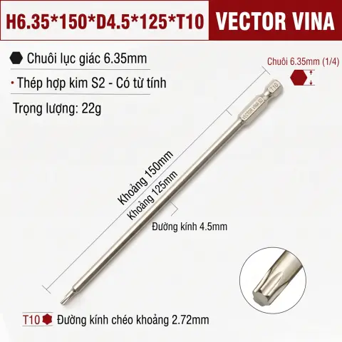 Mũi Vít Hoa Thị Đặc VECTOR VINA Thép S2 Mạ Điện Chuôi Lục Giác H6.35 (T5 - T40) – H6.35*150*D4.5*125*T10