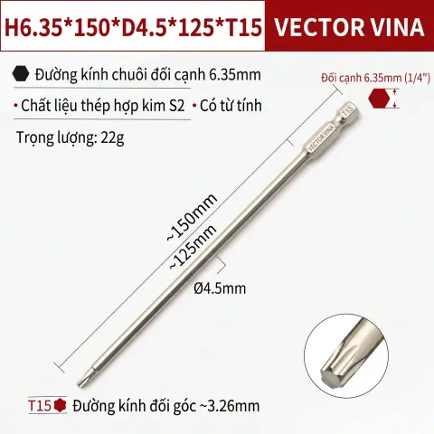Mũi Vít Hoa Thị Đặc VECTOR VINA Thép S2 Mạ Điện Chuôi Lục Giác H6.35 (T5 - T40) – H6.35*150*D4.5*125*T15
