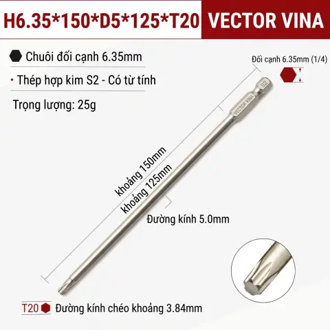 Mũi Vít Hoa Thị Đặc VECTOR VINA Thép S2 Mạ Điện Chuôi Lục Giác H6.35 (T5 - T40) – H6.35*150*D5*125*T20