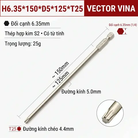 Mũi Vít Hoa Thị Đặc VECTOR VINA Thép S2 Mạ Điện Chuôi Lục Giác H6.35 (T5 - T40) – H6.35*150*D5*125*T25