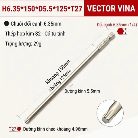 Mũi Vít Hoa Thị Đặc VECTOR VINA Thép S2 Mạ Điện Chuôi Lục Giác H6.35 (T5 - T40) – H6.35*150*D5.5*125*T27