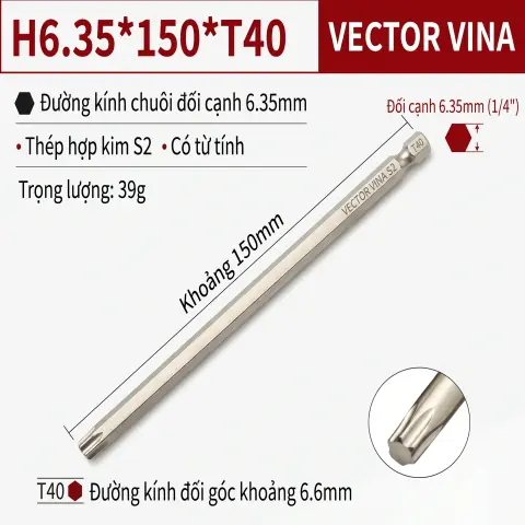Mũi Vít Hoa Thị Đặc VECTOR VINA Thép S2 Mạ Điện Chuôi Lục Giác H6.35 (T5 - T40) – H6.35*150*T40