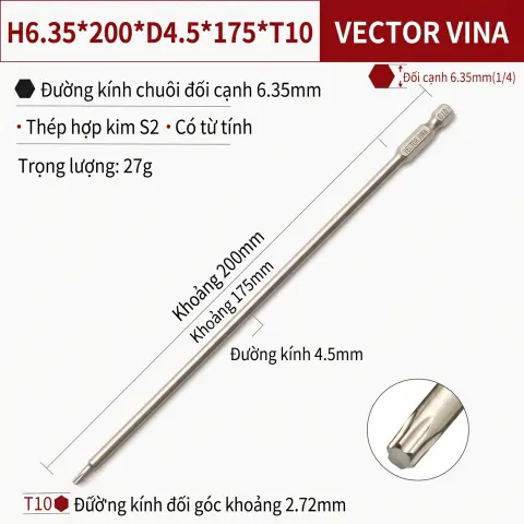 Mũi Vít Hoa Thị Đặc VECTOR VINA Thép S2 Mạ Điện Chuôi Lục Giác H6.35 (T5 - T40) – H6.35*200*D4.5*175*T10