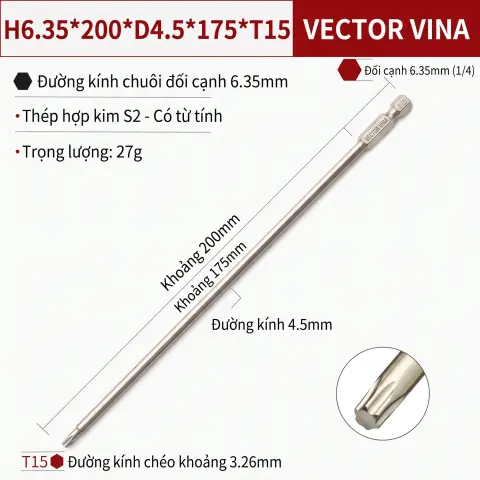 Mũi Vít Hoa Thị Đặc VECTOR VINA Thép S2 Mạ Điện Chuôi Lục Giác H6.35 (T5 - T40) – H6.35*200*D4.5*175*T15