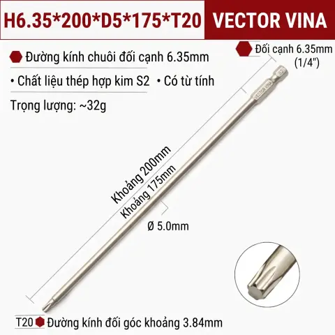 Mũi Vít Hoa Thị Đặc VECTOR VINA Thép S2 Mạ Điện Chuôi Lục Giác H6.35 (T5 - T40) – H6.35*200*D5*175*T20
