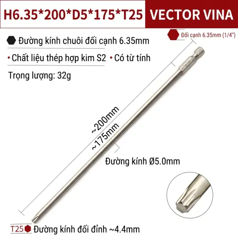 Mũi Vít Hoa Thị Đặc VECTOR VINA Thép S2 Mạ Điện Chuôi Lục Giác H6.35 (T5 - T40) – H6.35*200*D5*175*T25