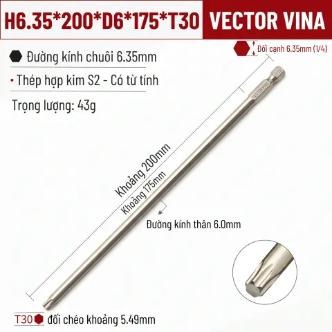 Mũi Vít Hoa Thị Đặc VECTOR VINA Thép S2 Mạ Điện Chuôi Lục Giác H6.35 (T5 - T40) – H6.35*200*D6*175*T30