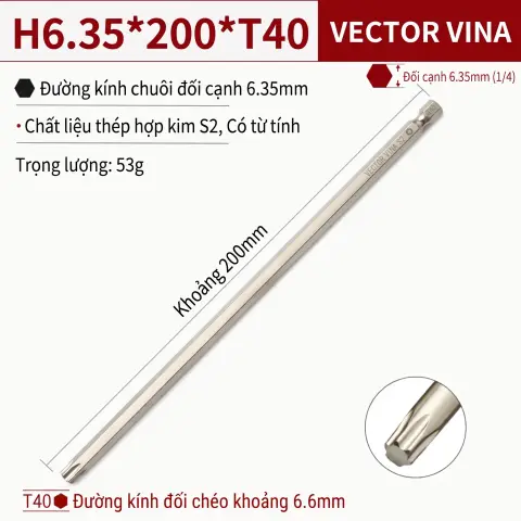 Mũi Vít Hoa Thị Đặc VECTOR VINA Thép S2 Mạ Điện Chuôi Lục Giác H6.35 (T5 - T40) – H6.35*200*T40