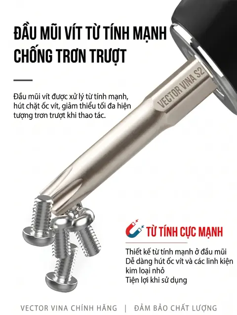 Đầu mũi vít hoa thị S2 VECTOR VINA xử lý từ tính mạnh hút chặt ốc vít chống trượt