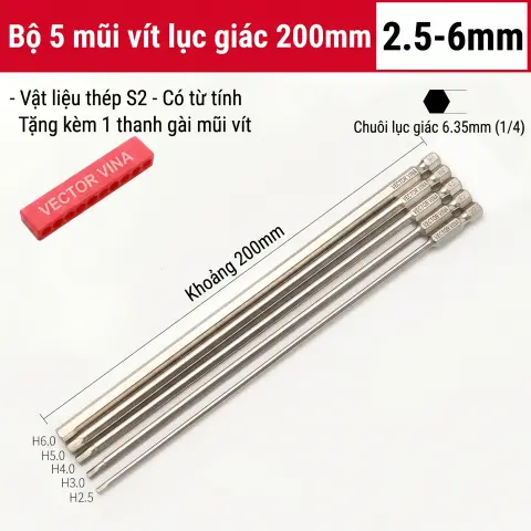 Mũi vít lục giác chìm mạ điện chống gỉ thép S2 chuôi H6.35 VECTOR VINA (50mm - 200mm, H1.5 - H10) – Bộ 5 chiếc 200mm (2.5-6mm)