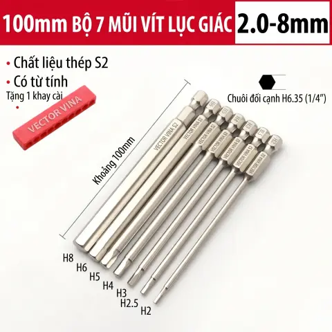 Mũi vít lục giác chìm mạ điện chống gỉ thép S2 chuôi H6.35 VECTOR VINA (50mm - 200mm, H1.5 - H10) – Bộ 7 chiếc 100mm (2-8mm)