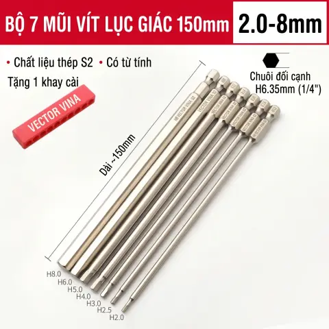Mũi vít lục giác chìm mạ điện chống gỉ thép S2 chuôi H6.35 VECTOR VINA (50mm - 200mm, H1.5 - H10) – Bộ 7 chiếc 150mm (2-8mm)