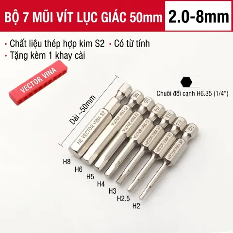 Mũi vít lục giác chìm mạ điện chống gỉ thép S2 chuôi H6.35 VECTOR VINA (50mm - 200mm, H1.5 - H10) – Bộ 7 chiếc 50mm (2-8mm)