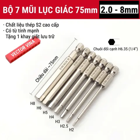 Mũi vít lục giác chìm mạ điện chống gỉ thép S2 chuôi H6.35 VECTOR VINA (50mm - 200mm, H1.5 - H10) – Bộ 7 chiếc 75mm (2-8mm)