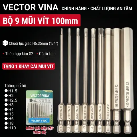 Mũi vít lục giác chìm mạ điện chống gỉ thép S2 chuôi H6.35 VECTOR VINA (50mm - 200mm, H1.5 - H10) – Bộ 9 chiếc 100mm (1.5-10mm)