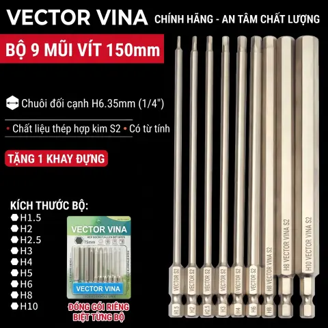 Mũi vít lục giác chìm mạ điện chống gỉ thép S2 chuôi H6.35 VECTOR VINA (50mm - 200mm, H1.5 - H10) – Bộ 9 chiếc 150mm (1.5-10mm)