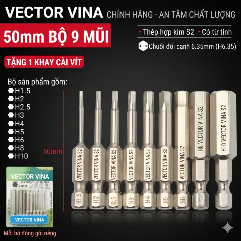 Mũi vít lục giác chìm mạ điện chống gỉ thép S2 chuôi H6.35 VECTOR VINA (50mm - 200mm, H1.5 - H10) – Bộ 9 chiếc 50mm (1.5-10mm)