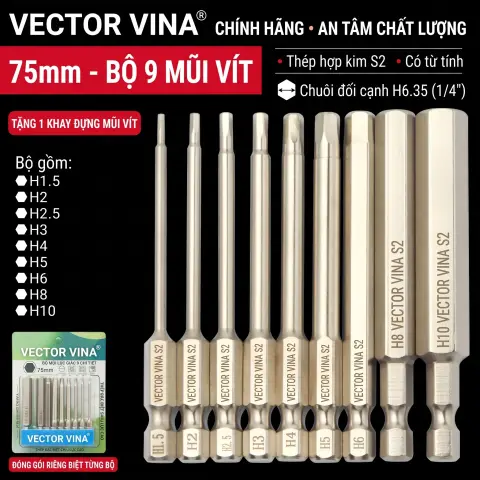 Mũi vít lục giác chìm mạ điện chống gỉ thép S2 chuôi H6.35 VECTOR VINA (50mm - 200mm, H1.5 - H10) – Bộ 9 chiếc 75mm (1.5-10mm)