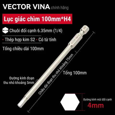 Mũi vít lục giác chìm mạ điện chống gỉ thép S2 chuôi H6.35 VECTOR VINA (50mm - 200mm, H1.5 - H10) – H6.35*100*75*H4