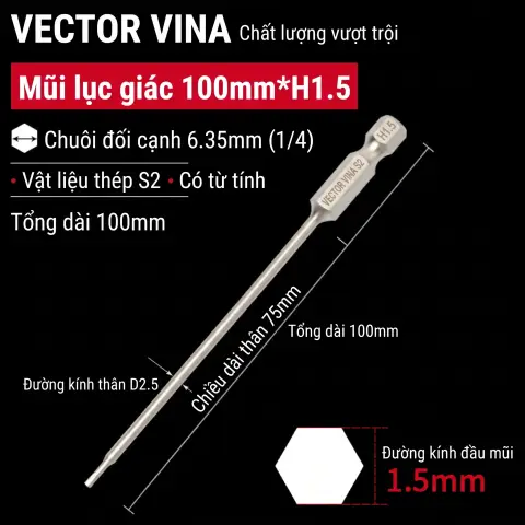 Mũi vít lục giác chìm mạ điện chống gỉ thép S2 chuôi H6.35 VECTOR VINA (50mm - 200mm, H1.5 - H10) – H6.35*100*D2.5*75*H1.5