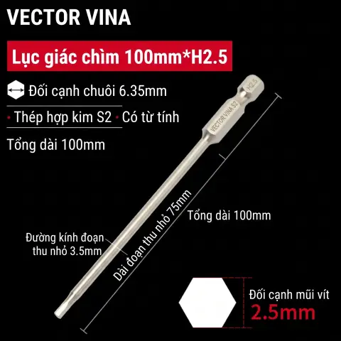 Mũi vít lục giác chìm mạ điện chống gỉ thép S2 chuôi H6.35 VECTOR VINA (50mm - 200mm, H1.5 - H10) – H6.35*100*D3.5*75*H2.5