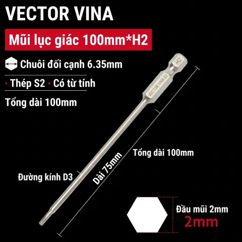 Mũi vít lục giác chìm mạ điện chống gỉ thép S2 chuôi H6.35 VECTOR VINA (50mm - 200mm, H1.5 - H10) – H6.35*100*D3*75*H2
