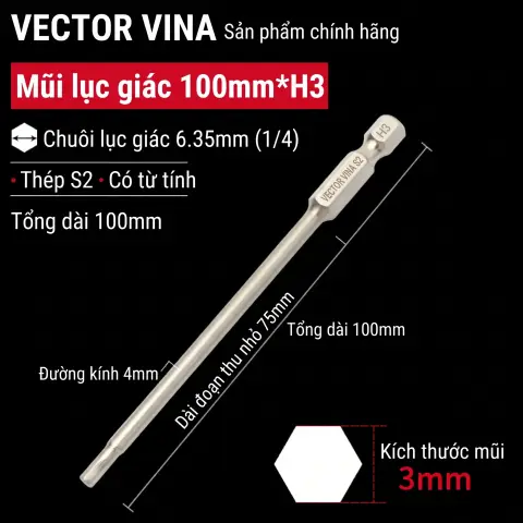 Mũi vít lục giác chìm mạ điện chống gỉ thép S2 chuôi H6.35 VECTOR VINA (50mm - 200mm, H1.5 - H10) – H6.35*100*D4*75*H3