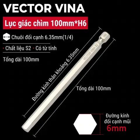 Mũi vít lục giác chìm mạ điện chống gỉ thép S2 chuôi H6.35 VECTOR VINA (50mm - 200mm, H1.5 - H10) – H6.35*100*H6