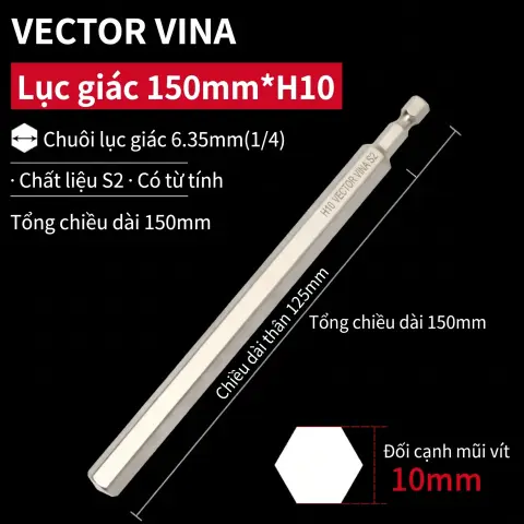 Mũi vít lục giác chìm mạ điện chống gỉ thép S2 chuôi H6.35 VECTOR VINA (50mm - 200mm, H1.5 - H10) – H6.35*150*125*H10