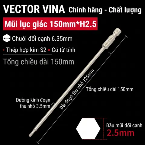 Mũi vít lục giác chìm mạ điện chống gỉ thép S2 chuôi H6.35 VECTOR VINA (50mm - 200mm, H1.5 - H10) – H6.35*150*125*H2.5