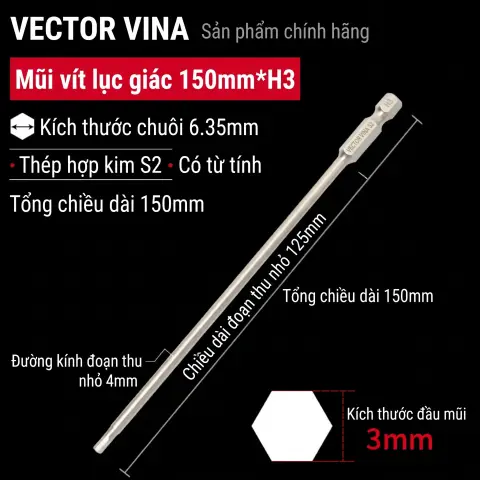 Mũi vít lục giác chìm mạ điện chống gỉ thép S2 chuôi H6.35 VECTOR VINA (50mm - 200mm, H1.5 - H10) – H6.35*150*125*H3