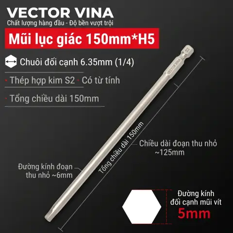 Mũi vít lục giác chìm mạ điện chống gỉ thép S2 chuôi H6.35 VECTOR VINA (50mm - 200mm, H1.5 - H10) – H6.35*150*125*H5