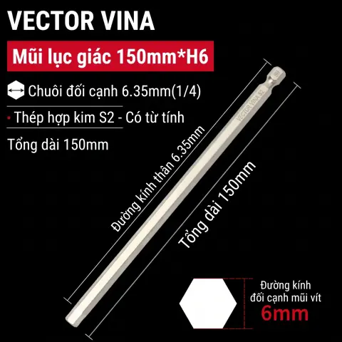 Mũi vít lục giác chìm mạ điện chống gỉ thép S2 chuôi H6.35 VECTOR VINA (50mm - 200mm, H1.5 - H10) – H6.35*150*125*H6