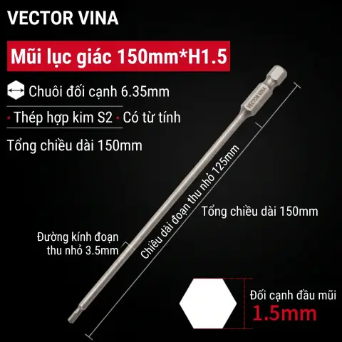 Mũi vít lục giác chìm mạ điện chống gỉ thép S2 chuôi H6.35 VECTOR VINA (50mm - 200mm, H1.5 - H10) – H6.35*150*D3.5*125*H1.5