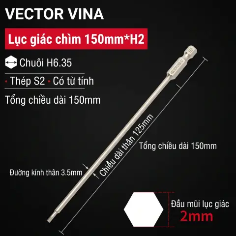 Mũi vít lục giác chìm mạ điện chống gỉ thép S2 chuôi H6.35 VECTOR VINA (50mm - 200mm, H1.5 - H10) – H6.35*150*D3.5*125*H2