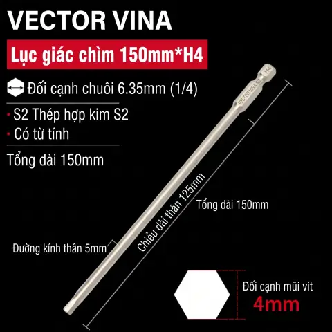 Mũi vít lục giác chìm mạ điện chống gỉ thép S2 chuôi H6.35 VECTOR VINA (50mm - 200mm, H1.5 - H10) – H6.35*150*D5*125*H4