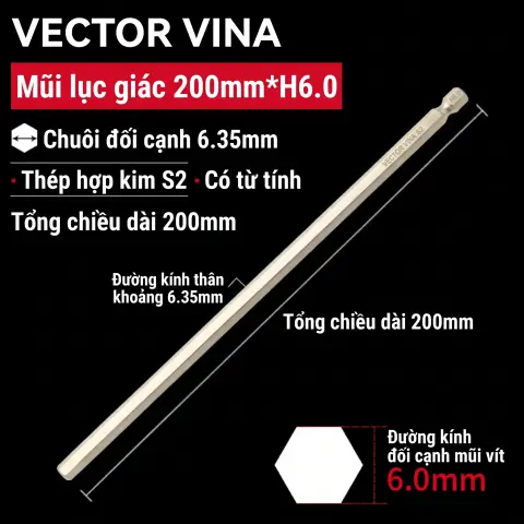 Mũi vít lục giác chìm mạ điện chống gỉ thép S2 chuôi H6.35 VECTOR VINA (50mm - 200mm, H1.5 - H10) – H6.35*200*175*H6