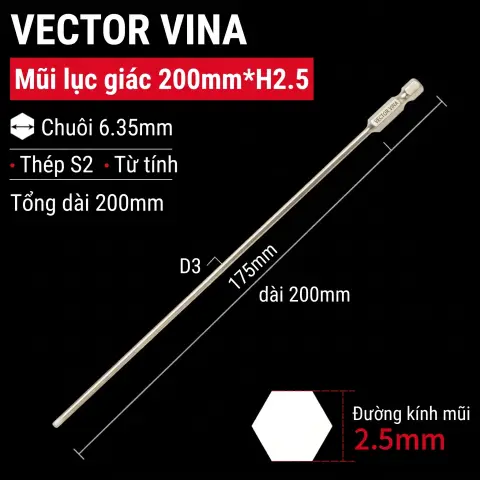 Mũi vít lục giác chìm mạ điện chống gỉ thép S2 chuôi H6.35 VECTOR VINA (50mm - 200mm, H1.5 - H10) – H6.35*200*D3*175*H2.5