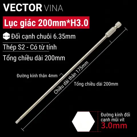 Mũi vít lục giác chìm mạ điện chống gỉ thép S2 chuôi H6.35 VECTOR VINA (50mm - 200mm, H1.5 - H10) – H6.35*200*D4*175*H3