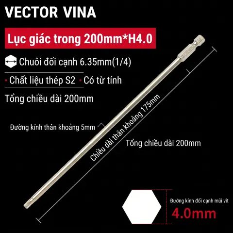 Mũi vít lục giác chìm mạ điện chống gỉ thép S2 chuôi H6.35 VECTOR VINA (50mm - 200mm, H1.5 - H10) – H6.35*200*D5*175*H4
