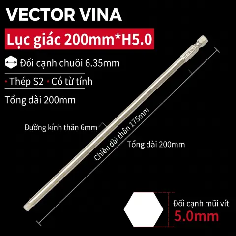 Mũi vít lục giác chìm mạ điện chống gỉ thép S2 chuôi H6.35 VECTOR VINA (50mm - 200mm, H1.5 - H10) – H6.35*200*D6*175*H5