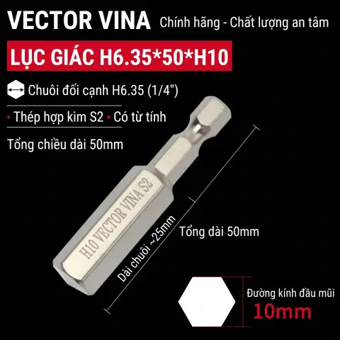Mũi vít lục giác chìm mạ điện chống gỉ thép S2 chuôi H6.35 VECTOR VINA (50mm - 200mm, H1.5 - H10) – H6.35*50*25*H10