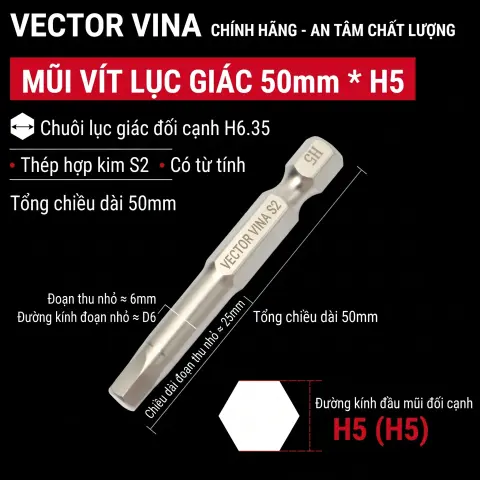 Mũi vít lục giác chìm mạ điện chống gỉ thép S2 chuôi H6.35 VECTOR VINA (50mm - 200mm, H1.5 - H10) – H6.35*50*25*H5
