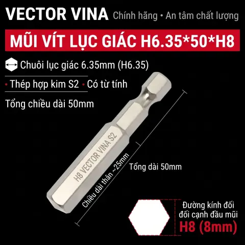 Mũi vít lục giác chìm mạ điện chống gỉ thép S2 chuôi H6.35 VECTOR VINA (50mm - 200mm, H1.5 - H10) – H6.35*50*25*H8