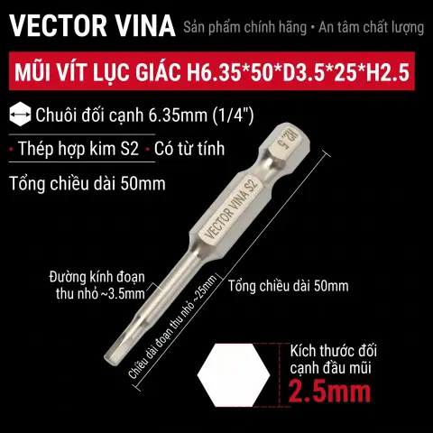 Mũi vít lục giác chìm mạ điện chống gỉ thép S2 chuôi H6.35 VECTOR VINA (50mm - 200mm, H1.5 - H10) – H6.35*50*D3.5*25*H2.5