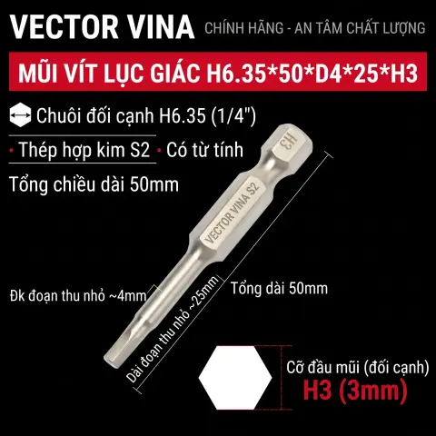 Mũi vít lục giác chìm mạ điện chống gỉ thép S2 chuôi H6.35 VECTOR VINA (50mm - 200mm, H1.5 - H10) – H6.35*50*D4*25*H3