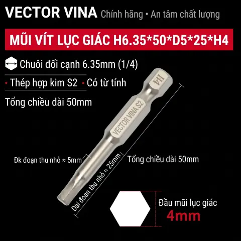 Mũi vít lục giác chìm mạ điện chống gỉ thép S2 chuôi H6.35 VECTOR VINA (50mm - 200mm, H1.5 - H10) – H6.35*50*D5*25*H4