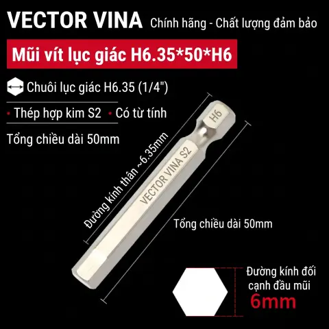 Mũi vít lục giác chìm mạ điện chống gỉ thép S2 chuôi H6.35 VECTOR VINA (50mm - 200mm, H1.5 - H10) – H6.35*50*H6