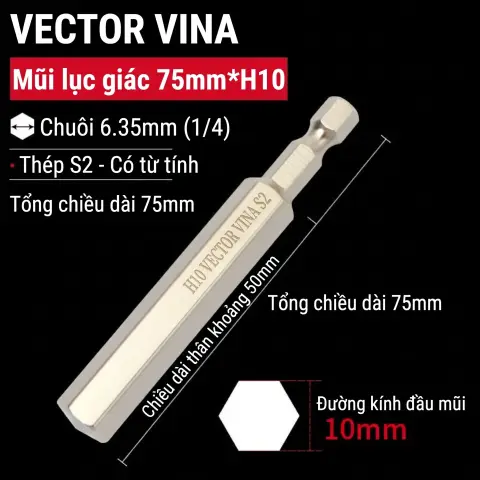 Mũi vít lục giác chìm mạ điện chống gỉ thép S2 chuôi H6.35 VECTOR VINA (50mm - 200mm, H1.5 - H10) – H6.35*75*50*H10