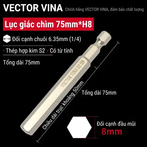 Mũi vít lục giác chìm mạ điện chống gỉ thép S2 chuôi H6.35 VECTOR VINA (50mm - 200mm, H1.5 - H10) – H6.35*75*50*H8